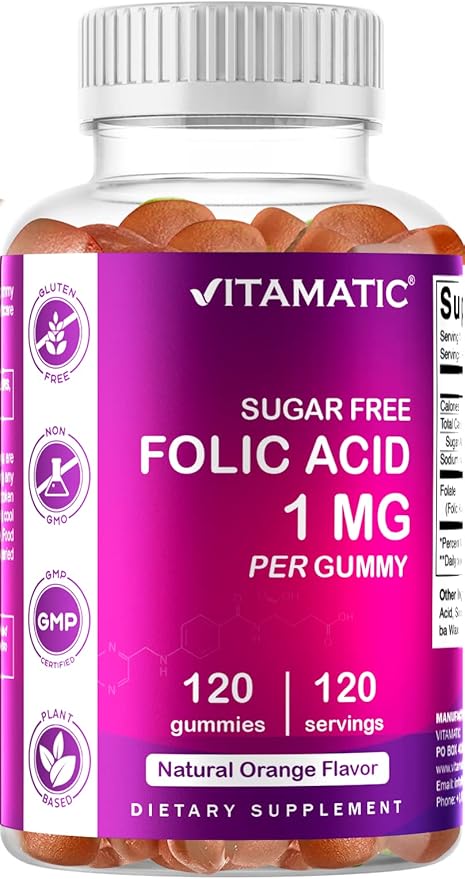 Vitamatic Folic Acid Gummies 1000 mcg (1 mg) - an Essential Prenatal Vitamins for Mom & Baby - Vitamin B9-120 Vegan Gummies (6)