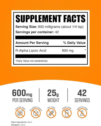 BulkSupplements.com R-Alpha Lipoic Acid Powder - R-ALA Supplement, R Alpha Lipoic Acid 600mg - Antioxidants Supplement, Gluten Free, 600mg per Serving, 25g (0.88 oz) (Pack of 1)