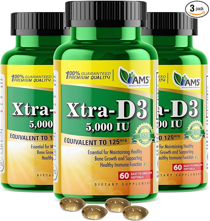 America Medic & Science Xtra D3 Vitamin D 5,000 IU (125 mcg)Cholecalciferol Supplement for Men & Women(180Easy to Swallow Softgels) 3pack|Best for Bone,Heart Health,Immune System Support,Lung Function