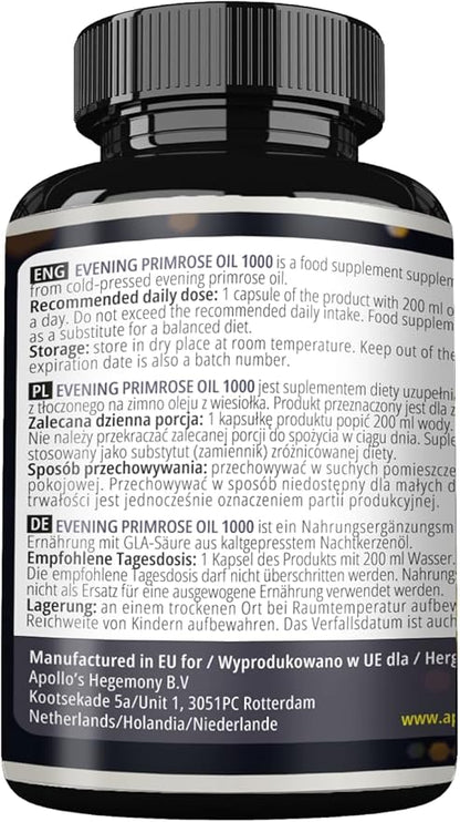 APOLLO'S HEGEMONY Evening Primrose Oil 1000 mg with Vitamin E - Contains 100 mg of GLA Acid - 120 Softgel Capsules - 4 Months Supply - Diet Supplement to Support Hormonal Balance and Skin Health