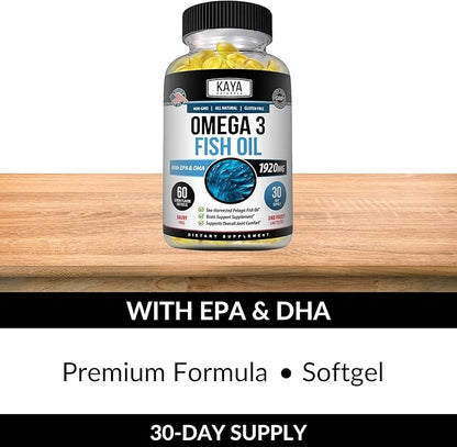 Kaya Naturals Omega 3 Supplement - Nature Made Omega 3 Fish Oil - 100% Pure Sea-Harvested Pelagic Fish Oil with No Fishy Aftertaste - 60 Count Softgels