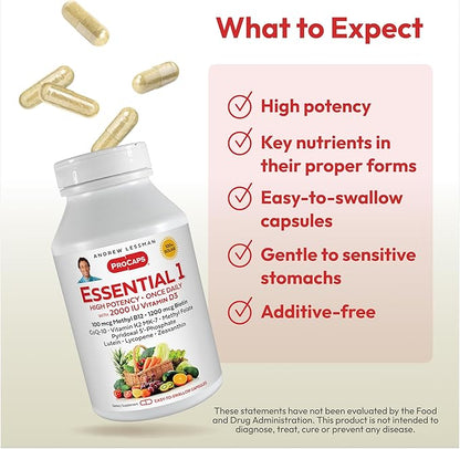ANDREW LESSMAN Essential-1 Multivitamin 2000 IU Vitamin D3 360 Small Capsules - 100 mcg Methyl B12. CoQ10 Lutein Lycopene Zeaxanthin. High Potency. No Additives. Ultra-Mild. One Daily Capsule