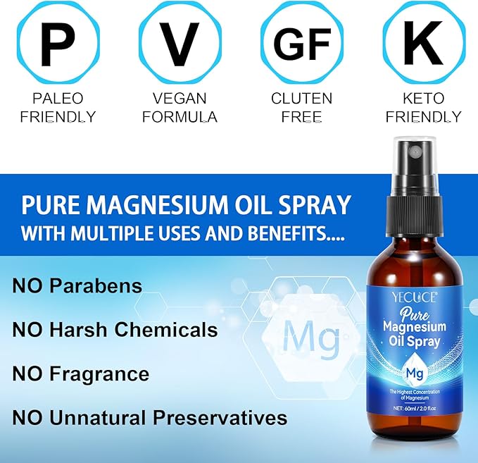 Magnesium Oil, Magnesium Spray, 100% Pure & Natural Magnesium Oil Spray for Feet, Easy to Absorb and Use 2.0 fl.oz