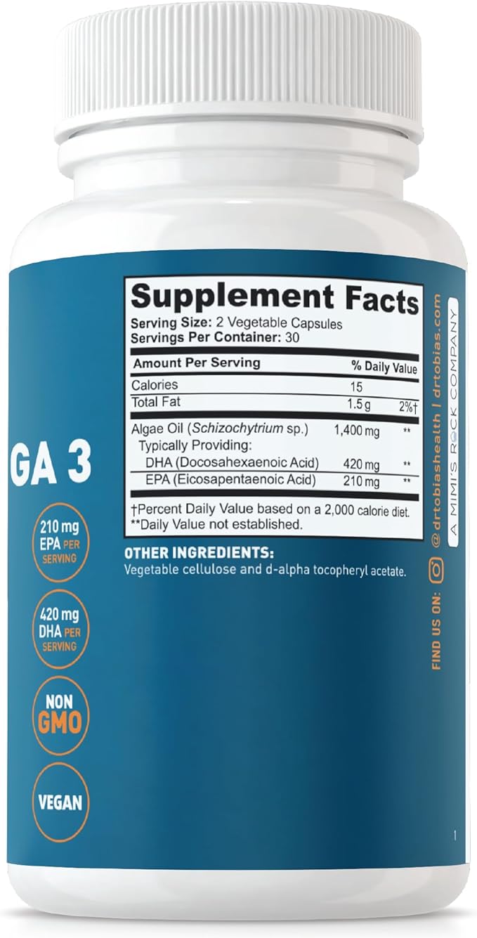 Dr. Tobias Vegan Omega 3 Supplement, 1400mg Algae Oil, 420mg DHA, and 210mg EPA per Serving, Non-GMO, Gluten-Free, Carrageenan-Free, 60 Capsules, 30 Servings