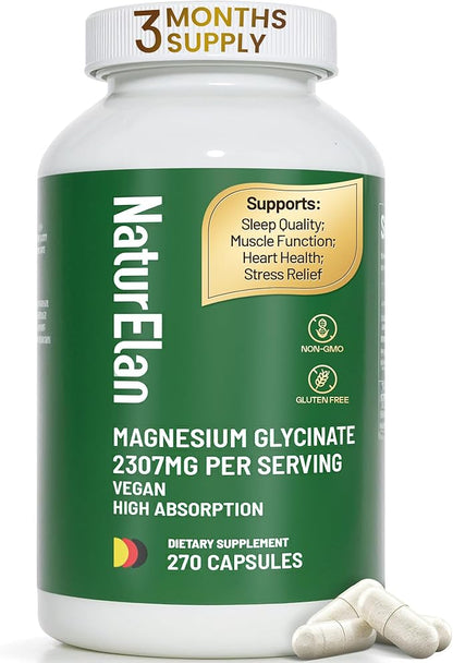 Magnesium Glycinate 300mg - 270 Capsules, 100% Chelated Magnesium, Third-Party Tested, Vegan, Non-GMO & Gluten Free, High Absorption Formula for Sleep, Muscles, Nerves & Energy Support