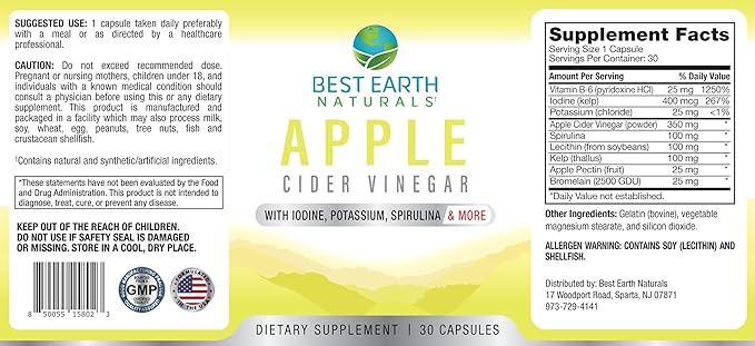 Best Earth Naturals Apple Cider Vinegar Complex with Iodine, Potassium, Spirulina and More 30 Count
