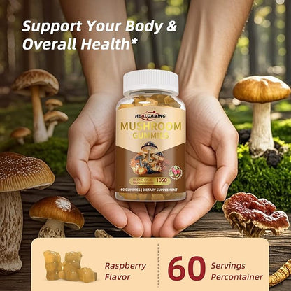Mushroom Gummies with Lion's Mane & Cordyceps - Immune Support, Brain Health & Memory Enhancement - Vegan Mushroom Complex with Vitamin D3, B6, B9 & B12 - Focus, Energy & Cognitive Function Supplement