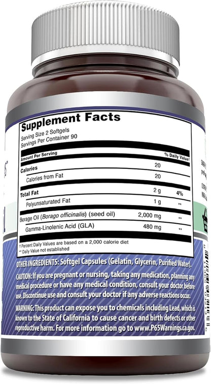 Amazing Formulas Borage Oil Supplement | 2000 Mg Per Serving | 180 Softgels | Non-GMO | Gluten-Free | Made in USA