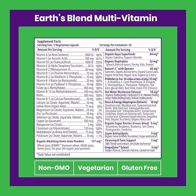Paradise Herbs Earth's Blend Once Daily Multivitamin for Men, No Iron, 48 Organic Superfoods, Probiotics, Antioxidants, Vitamins A, B12, C, D, K2, 30 Count