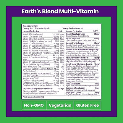 Paradise Herbs Earth's Blend Once Daily Multivitamin for Men, No Iron, 48 Organic Superfoods, Probiotics, Antioxidants, Vitamins A, B12, C, D, K2, 30 Count