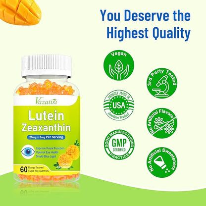 Eye Vitamins Lutein & Zeaxanthin Gummies, Sugar Free Eye Health Supplements with Bilberry, Astaxanthin - Support Blue Light, Visual Function and Macular Health - Mango Flavored, 120 Count