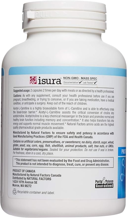 Natural Factors, Acetyl L-Carnitine 500 mg, Promotes a Healthy Memory, Concentration and Brain Function, 120 capsules (60 servings)