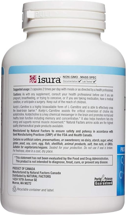 Natural Factors, Acetyl L-Carnitine 500 mg, Promotes a Healthy Memory, Concentration and Brain Function, 120 capsules (60 servings)