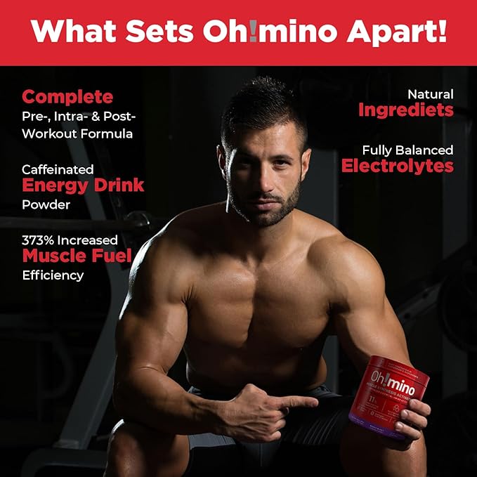 Oh!mino Amino Acids for Muscle Gain - BCAAs Amino Acids Powder Supplement for Pre & Post Workout - Caffeinated, Non Dairy, Vegan, Zero Sugar & Net Carbs - 40 Servings (Berry Blast)