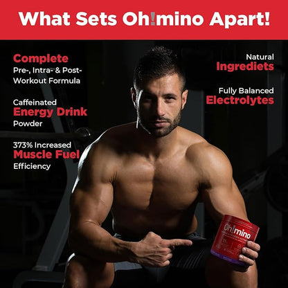 Oh!mino Amino Acids for Muscle Gain - BCAAs Amino Acids Powder Supplement for Pre & Post Workout - Caffeinated, Non Dairy, Vegan, Zero Sugar & Net Carbs - 40 Servings (Berry Blast)