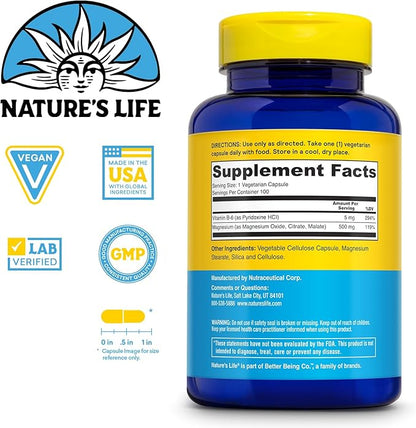 Natures Life Renewing Magnesium 500 mg - Magnesium Citrate, Magnesium Malate, Magnesium Oxide Plus Vitamin B-6 - Muscles and Nerves Support - Lab Verified (100 Servings, 100 VegCaps)