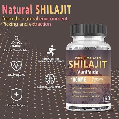 Sugar Free Shilajit Gummies, Pure Himalayan Shilajit Gummies Supplement for Energy, Brain & Immune Support, 85 Trace Minerals & Fulvic Acid with Ashwagandha, Unisex Sugar-Free Raspberry Flavor
