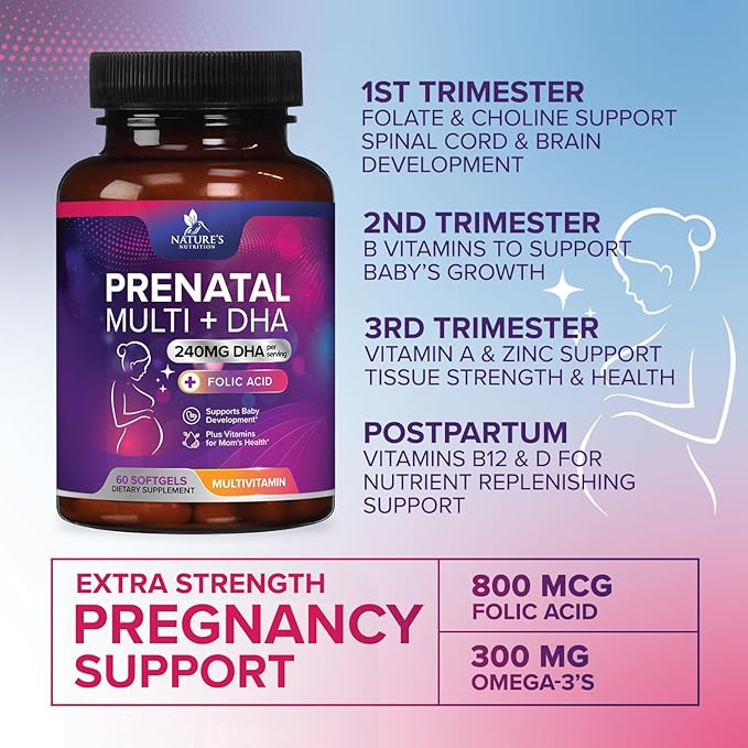 Prenatal Vitamins for Women with Folate & DHA, Prenatal Multivitamin Supports Brain Development with Folic Acid, Omega 3, Vitamin A, C, D, B6, B12 & Iron, Pregnancy Supplement, Non-GMO - 60 Softgels