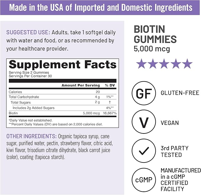 NatureWise Biotin Gummies - Supports Healthy Hair, Skin and Strong Nails - Vitamin B7 5000mcg - Natural Beauty - Strawberry-Kiwi Flavor - Vegan, Non-GMO, Gluten Free - 60 Count[30 Day Supply]