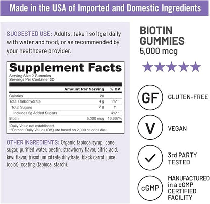 NatureWise Biotin Gummies - Supports Healthy Hair, Skin and Strong Nails - Vitamin B7 5000mcg - Natural Beauty - Strawberry-Kiwi Flavor - Vegan, Non-GMO, Gluten Free - 60 Count[30 Day Supply]