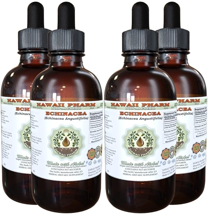 Echinacea Alcohol-Free Liquid Extract, Echinacea (Echinacea Angustifolia) Dried Root Glycerite Hawaii Pharm Natural Herbal Supplement 4x4 oz