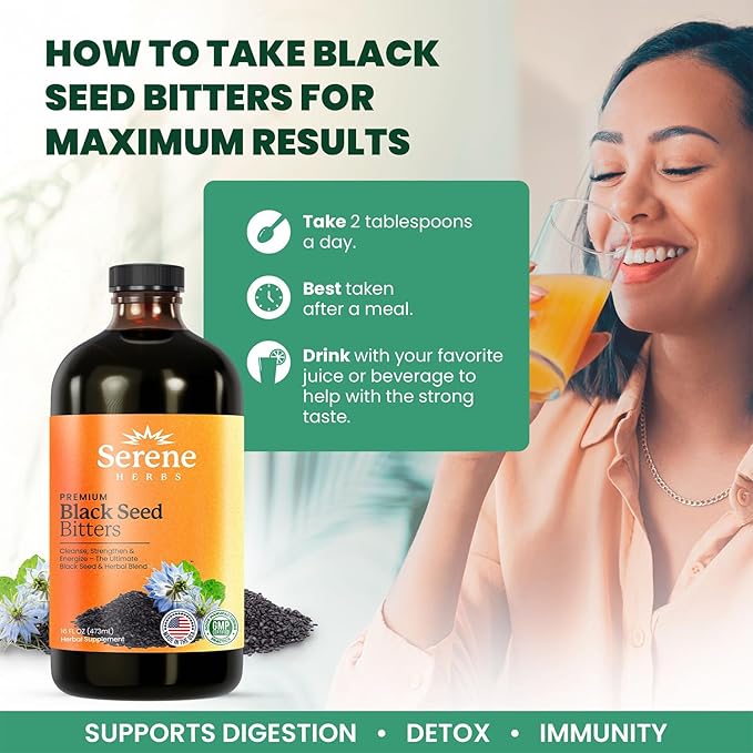 Black Seed Bitters Herbal Detox with Milk Thistle, Sea Moss, Dandelion, Ginger & Moringa – Supports Digestion, Energy, Liver & Skin – Vegan, Non-GMO – 16 oz