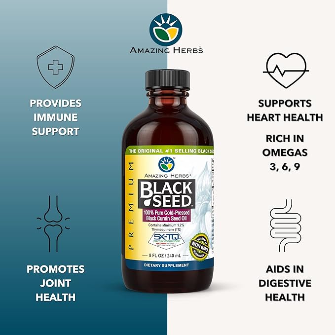 Amazing Herbs Premium Black Seed Oil - Cold Pressed Nigella Sativa Aids in Digestive Health, Immune Support, Brain Function, Joint Mobility, Gluten Free, Non GMO - 8 Fl Oz