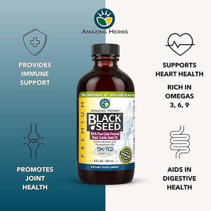 Amazing Herbs Premium Black Seed Oil - Cold Pressed Nigella Sativa Aids in Digestive Health, Immune Support, Brain Function, Joint Mobility, Gluten Free, Non GMO - 8 Fl Oz