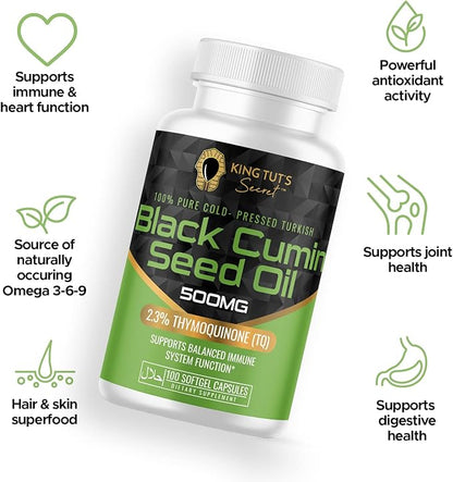 KING TUT'S SECRET Black Seed Capsules - 500 mg 100 Softgels - Nigella Sativa Extract, Black Cumin Supplement for Hair, Antioxidant Support, Immune System - Halal Black Seed Cumin Oil Capsules