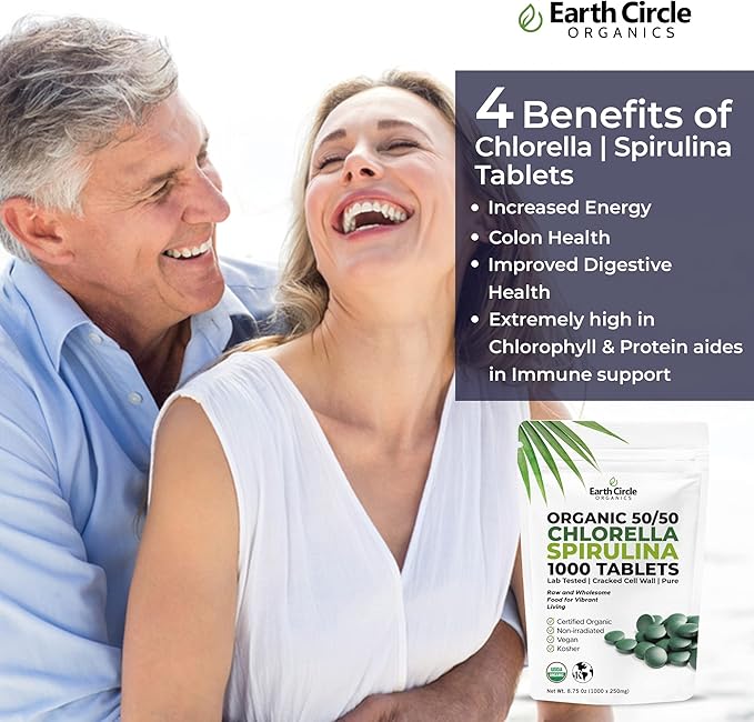 Premium Organic CHLORELLA /SPIRULINA 1000 Tablets (50/50) Kosher, Vegan - Green Algae Superfood, Cracked Cell Wall, Chlorophyll, High in Protein & Iron, no additives, or fillers 8.75 Oz (2 Pack)