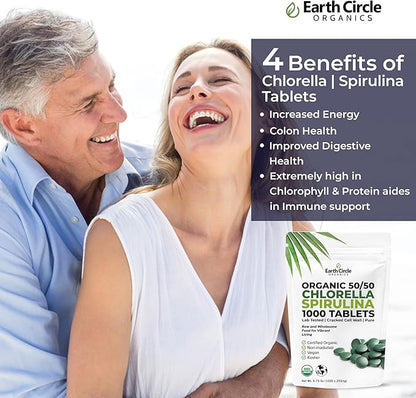 Premium Organic CHLORELLA /SPIRULINA 1000 Tablets (50/50) Kosher, Vegan - Green Algae Superfood, Cracked Cell Wall, Chlorophyll, High in Protein & Iron, no additives, or fillers 8.75 Oz (2 Pack)