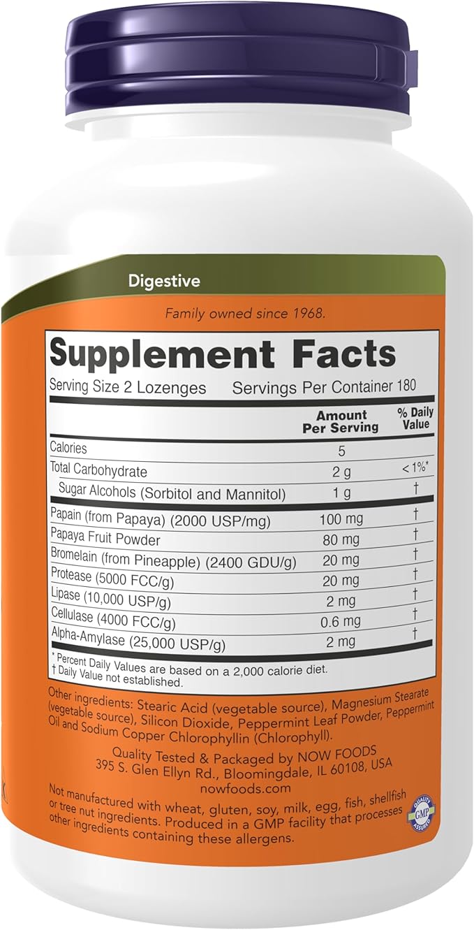 NOW Foods Supplements, Papaya Enzyme with Mint and Chlorophyll, Digestive Support*, 360 Chewable Lozenges