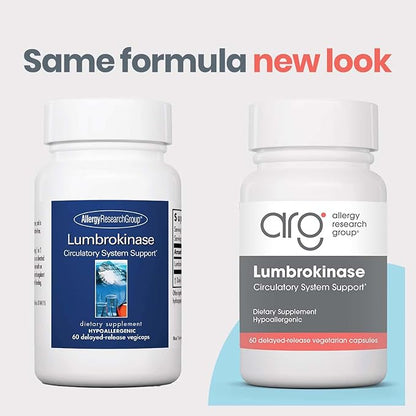 Allergy Research Group Lumbrokinase Supplement - Circulatory System Support, Supports Blood Circulation Already in The Normal Range - 60 Delayed Release Vegetarian Capsules