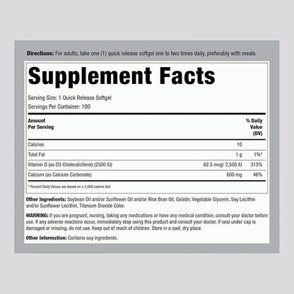 Lindberg Calcium Supplement | 600 mg | 100 Softgels | with Vitamin D3 2500 IU | for Women & Men | Quick Release Pills | Non-GMO, Gluten Free
