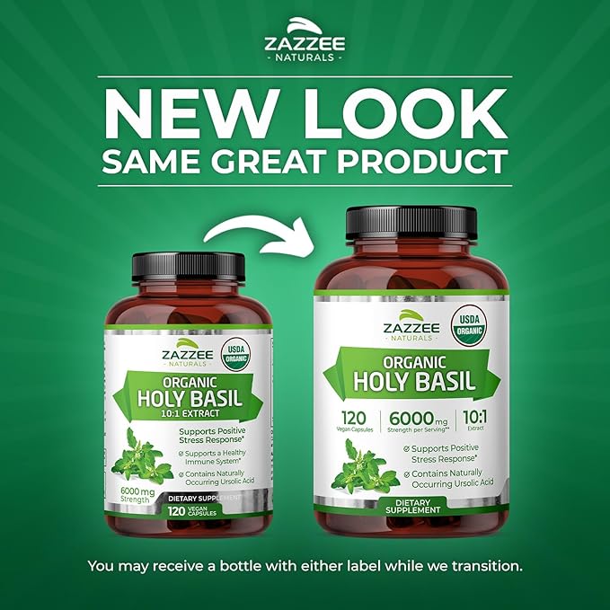 Zazzee USDA Organic Holy Basil 10:1 Extract, 6000 mg Strength, 120 Vegan Capsules, Concentrated and Standardized 10X Tulsi Extract, Ursolic Acid, 100% Certified Organic, Non-GMO