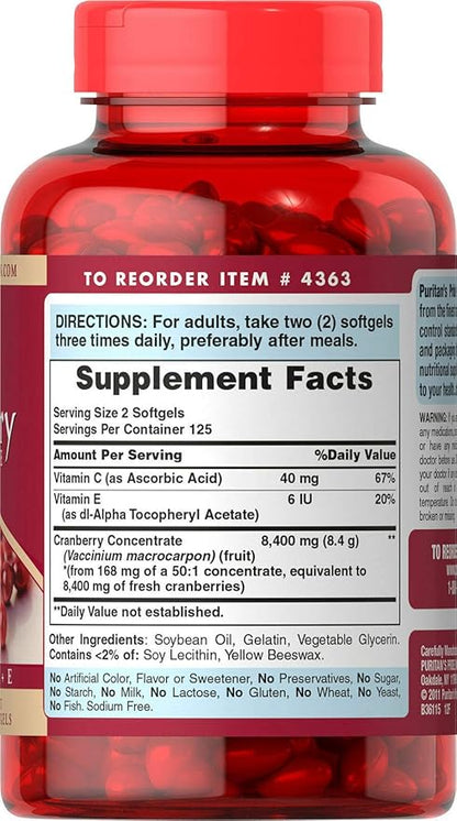 Puritan's Pride Premium Cranberry Fruit Concentrate 84 mg (4200 mg equivalent) with Vitamins C and E, Dietary Supplement for Immune System Support, 4 Month Supply, 250 Rapid Release Softgels