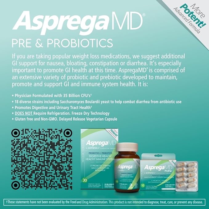 ScimeraMD® Asprega ProPac Probiotics and Prebiotics Supplement for Digestive Health and Immune System Support, 35 Billion CFUs, 10 CT