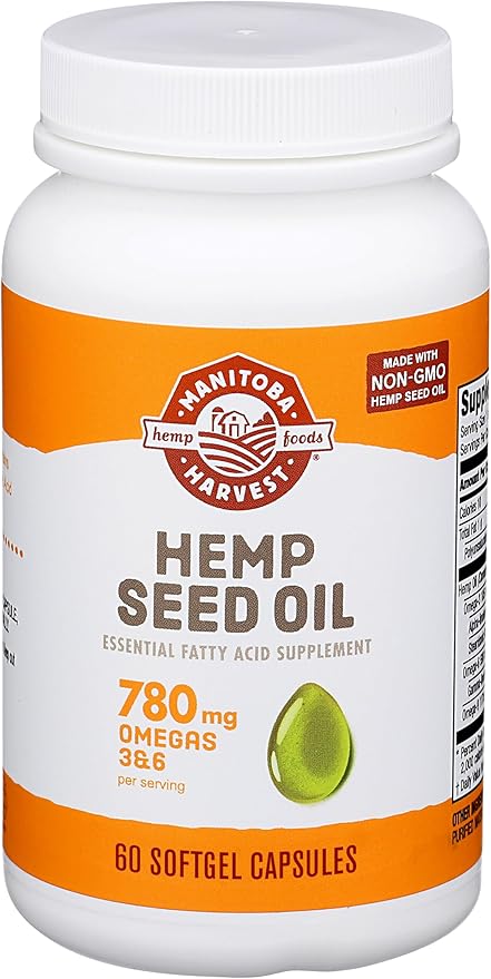 Manitoba Harvest Hemp Seed Oil Softgels, 2,475mg of Plant Based Omegas 3,6 & 9 per serving including GLA, Fish Oil Alternative, 60 Count (Pack of 1) Packaging May Vary