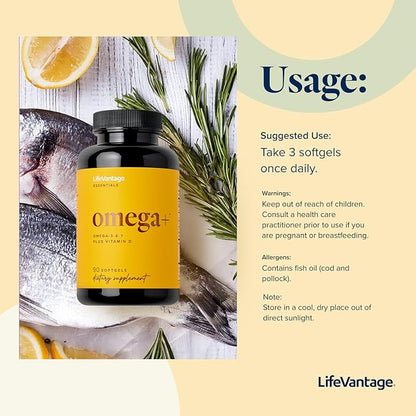 LifeVantage - Omega+ - Supplement 3-in-1 Blend of Omega-7, Vitamin D and Omega-3 - for Brain, Cardiovascular, Skin Health and Immunity - 90 Softgels