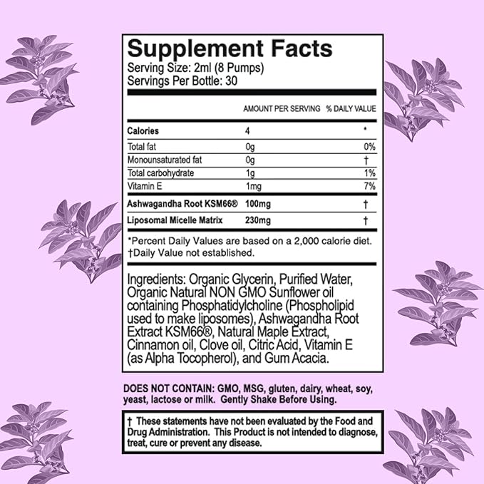 Ashwagandha Liposomal Liquid Formula for Enhanced Memory and Brain Performance, KSM-66 Ashwagandha Extract, 2 fl oz, Chai Flavor