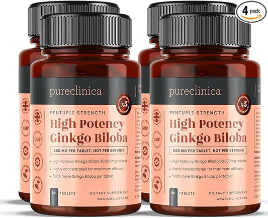 pureclinica High Potency Ginkgo Biloba 30,000mg x 360 Tablets (4 Bottles of 90) - 12 Months Supply - 5 Times The Strength of Competitor Products