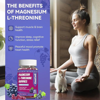 Magnesium Threonine Gummies 1000mg, L-Threonine Gummies for Adults, Best Magnesium Supplements for Brain, Non-GMO, Gluten Free, Vegan, 60 Grape Magnesium Gummies, 30 Day Supply