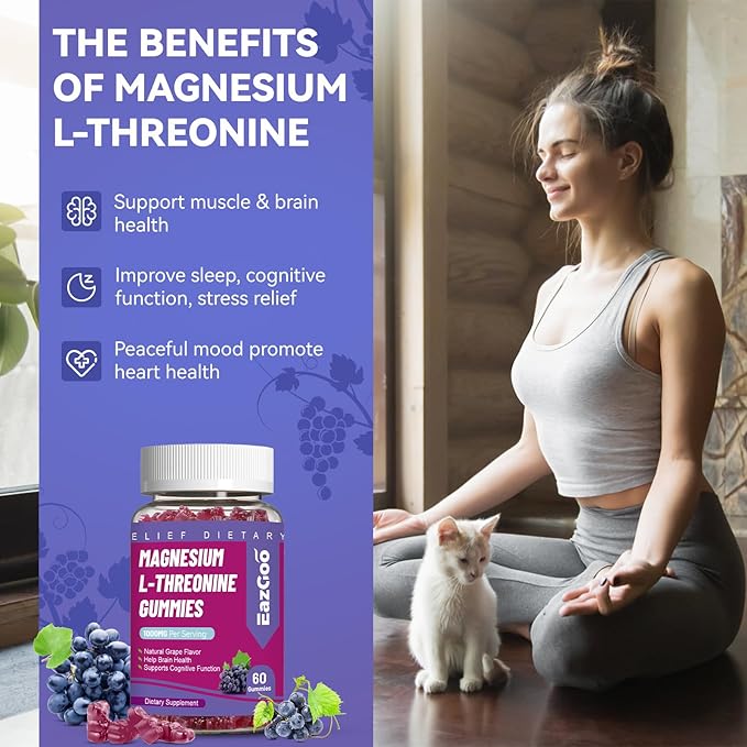 Magnesium Threonine Gummies 1000mg, L-Threonine Gummies for Adults, Best Magnesium Supplements for Brain, Non-GMO, Gluten Free, Vegan, 120 Grape Magnesium Gummies