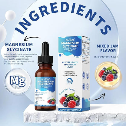 High Absorption Magnesium Glycinate Liquid - with Vitamins B6, C, D, Fiber, Bromelain, Raspberry & Strawberry, Non-GMO, Gluten-Free, Vegan, Stress Relief, Sleep, Muscle & Heart Support, 60ml