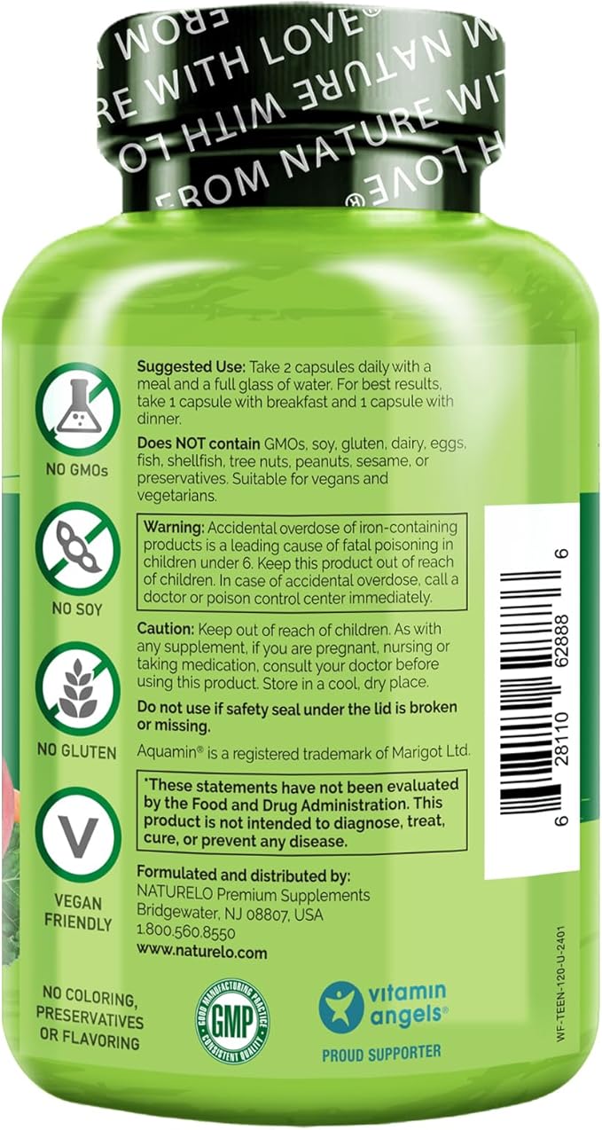 NATURELO Teen Multivitamin - Whole Food Multivitamin - with Minerals for Teenage Boys & Girls - Supplement for Active Kids - Non-GMO - Vegan & Vegetarian - 120 Capsules