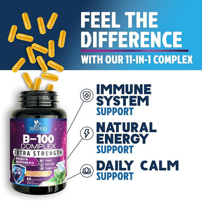 Vitamin B Complex Capsules with Vitamins B6 B12 B100 C Biotin Folate & Folic Acid - Supplement for Heart, Brain, & Nerve Support - Super Complete B-Complex for Immune & Energy Support - 60 Capsules