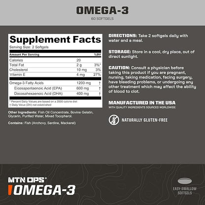 MTN OPS Omega 3 Fish Oil Supplement, 1000mg Fatty Acid Softgels for Healthy Heart, Joint & Bone Health, 30 Servings