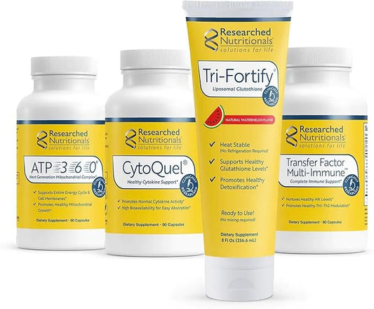 Researched Nutritionals Foundation Kit - Tri-Fortify Liposomal Glutathione (450mg) Watermelon, Transfer-Factor Multi Immune, ATP 360 & CytoQuel to Support Energy, Immunity, Cytokine Response & Detox