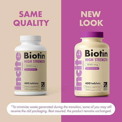 Incite Nutrition Biotin Supplement 12000mcg - +1 Year Supply - High Strength 120 Easy Swallow Tablets - Biotin Hair Growth Vitamins for Hair, Skin & Nails - Natural Vegan & GMO-Free - Made in UK