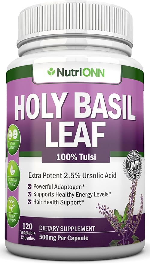 Holy Basil Leaf Capsules - 500mg - 2.5% Ursolic Acid - 120 Vegan Capsules - Real Tulsi Extract Supplement - Positive Mindset - Adaptogenic & Ayurvedic Herb